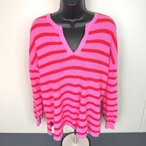 LOFT Sweater Womens Medium Pink Red Striped Cotton V-Neck Long Sleeve Pullover